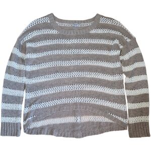 LG 100% Cotton Beach Cream & Tan Open Knit Crochet Striped Kismet Sweater